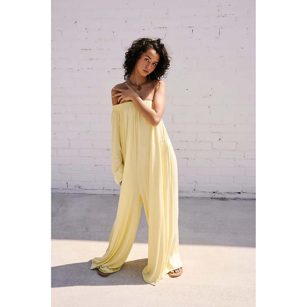 NWT Free People Sunday Stroll One Shoulder Jumpsuit XS Banana Yellow Wide Leg